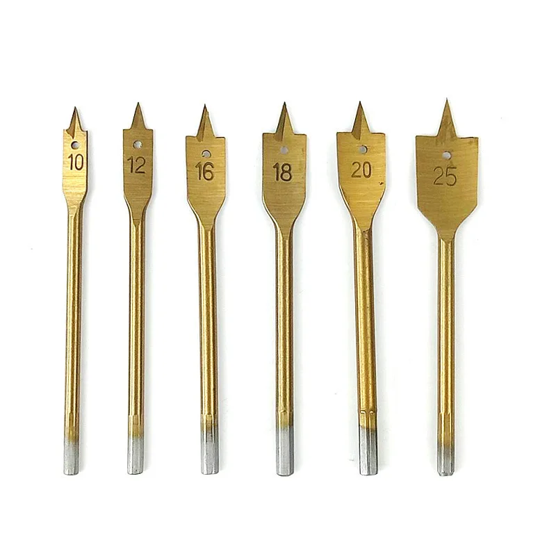 6Pcs Set 10/12/16/18/20/25mm Titanium 3 Point  Coating Hex Shank Spade Bits Flat Boring Bit Wood Drill Bit Power Tools Hole Saw