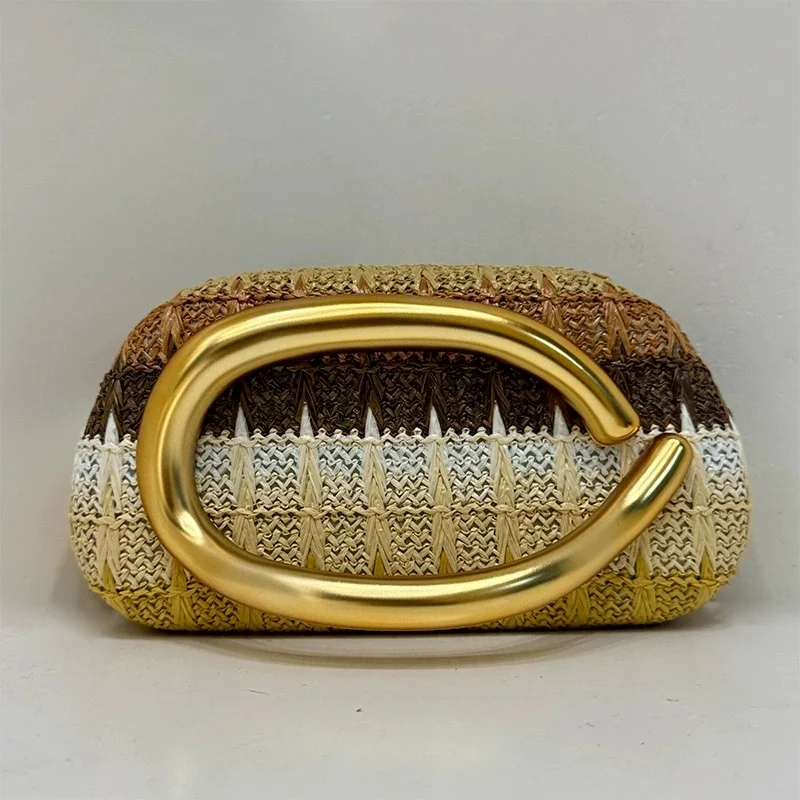 Boho Colorful Striped Woven Clutch Bag Women Big Gold Metal Frame Evening Handbag Straw Texture Hard Shell Summer Party Purse