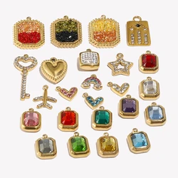 E.B.belle Octagonal Splicing Color Bead Heart-shaped Key Rainbow Square 316L Stainless Steel 14K Gold Plated Pendant Charms