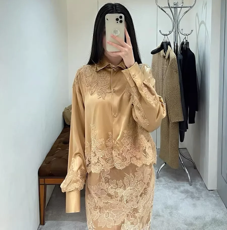 

Sexy Lace Knee-Length Skirt Set Fashion Women's Nude Shirt Outfits Elegant Office Ladies Embroidered Midi Skirt Blouse