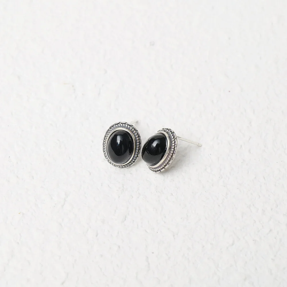 

Sterling Silver 925 Black Onyx Stud Earrings 8x6mm Oval Agate Natural Gemstone Exquisite Handmade Bohemian Jewelry Gift