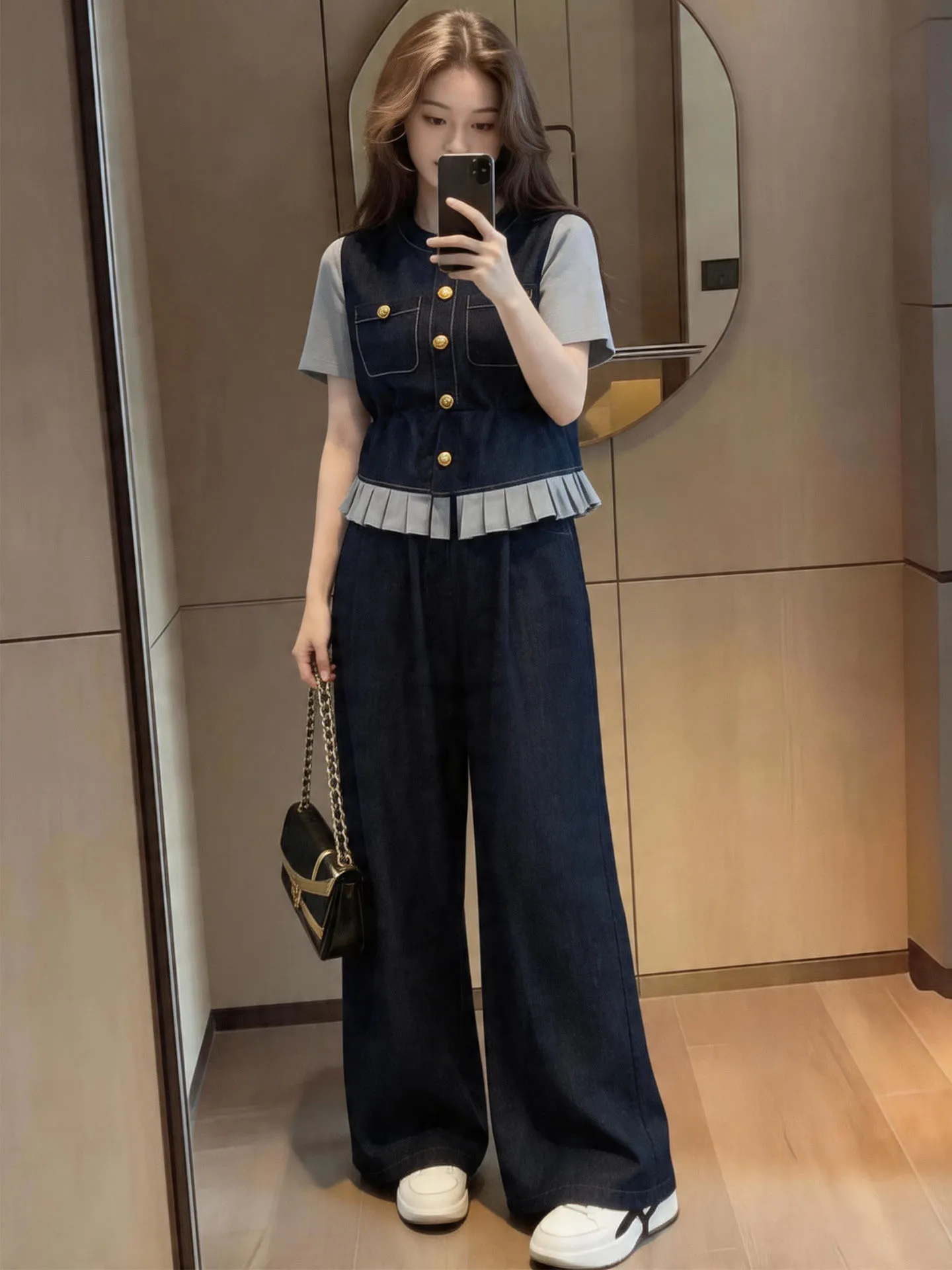 

Salt System Summer Fashionable Women's Denim Short Sleeve Wide Leg Pants Set High Waist Casual Style round Neck Button Closure