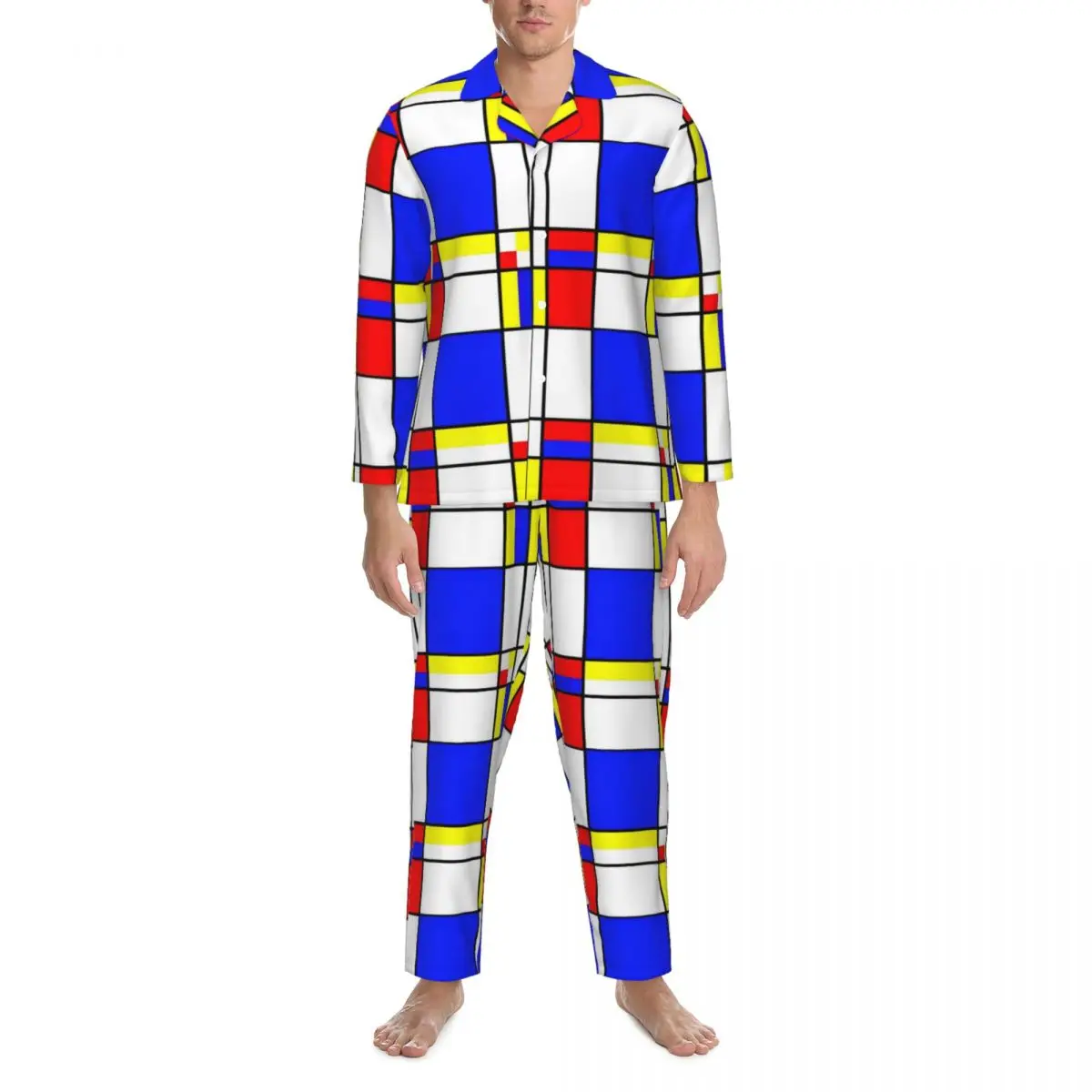 

Mondrian Pajama Set Spring Colorful Checkerboard Warm Leisure Sleepwear Men 2 Piece Retro Oversized Custom Nightwear Gift