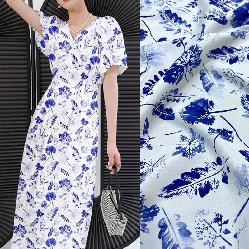 Blue Leave Printed White Silk Fabric for Diy Dress Pants 93% Silk & 7% Spandex Silk Crepe de Chine Fabric 140CM Wide18MM D1295