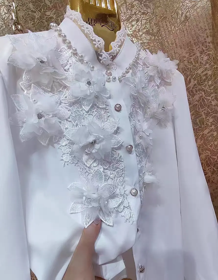

Camisas De Mujer, женские рубашки и блузки с цветочным принтом из бисера, осень 2022, однобортные белые топы с длинными рукавами, Blusas
