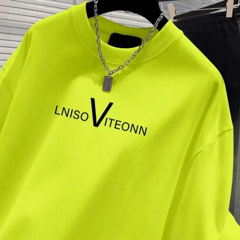 Men's Spring and Autumn 2024 New Splicing Pullovers O-Neck Letter Fashion Solid Color Loose and Versatile Casual Long Sleeve Top