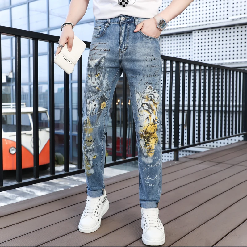

Faionable Slim Fit Men's Denim Jeans Printed Pattern Elastic Waist Long Pants Cotton Polyester Blend Youth Casual Wear