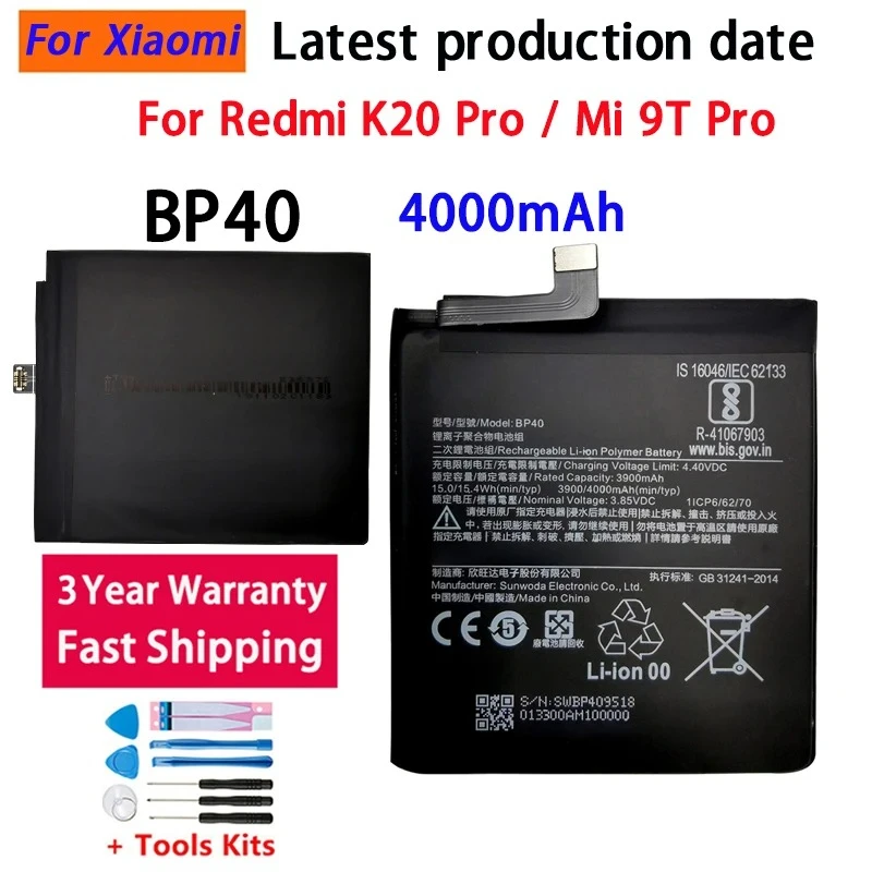 100% NEW Battery For Xiaomi Redmi K20 Pro K20Pro/Mi 9T Pro 4000mAh BP40 Phone Replacement Batteries Bateria Batterij+Tools