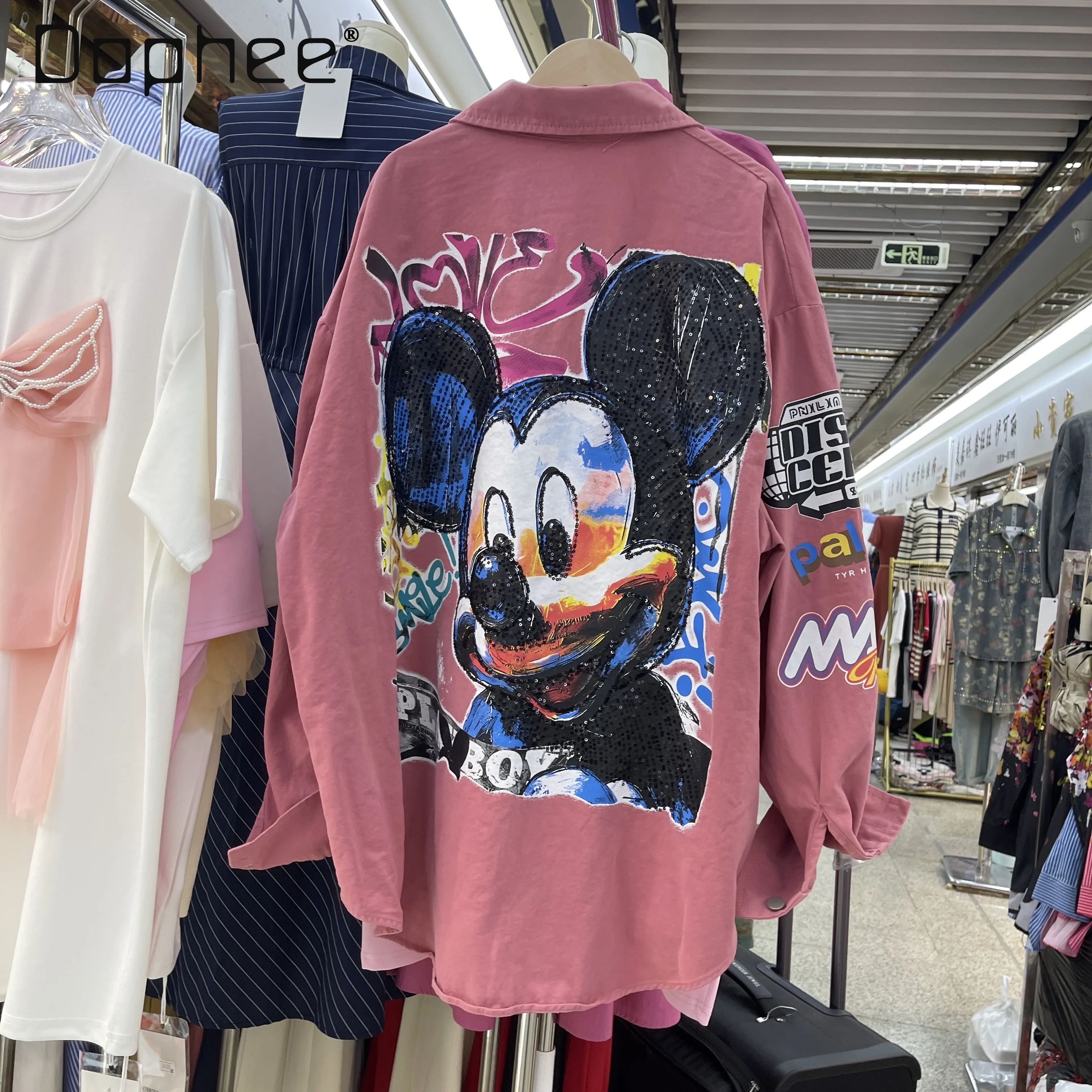 

2025 Autumn New Heavy Fashion Design Printed Sequin Loose Thin Jacket for Men and Women Cartoon Fashion Long Sleeve Shirt