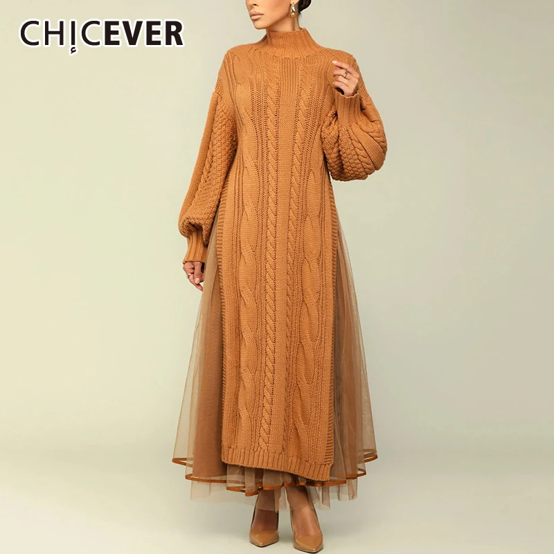 

CHICEVER Solid Two Piece Sets For Women High Neck Long Sleeve Spliced Lace Up Top High Waist Mesh Skirt Loose Set Female Winter