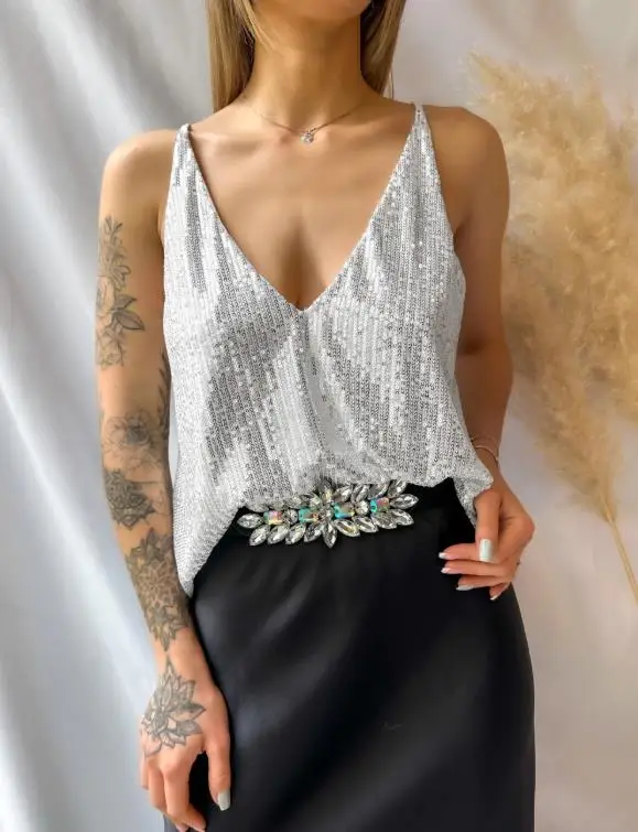 

Women's Vest 2026 Summer New American Trend Personalized Spicy Girl Style Sequin Decoration V-Neck Sleeveless Loose Party Vest