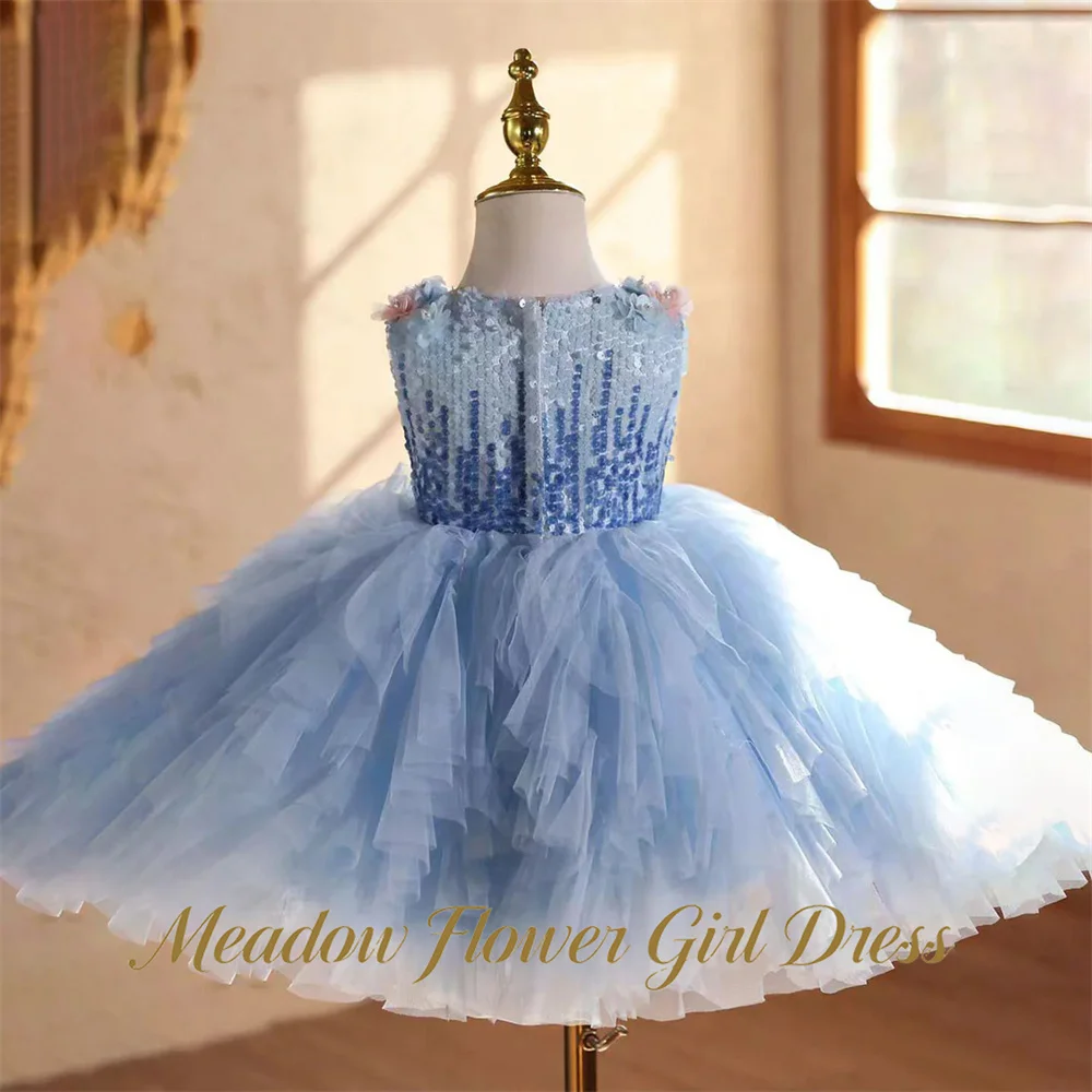 Meadow Layered Blue First Communion Gown Sleeveless Round Neck Girls Princess Dress with 3D Floral Evening Party Dress for Girls