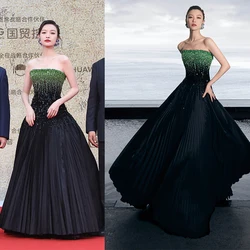 LY52 Hot Sale Strapless Green Beaded Black Satin Ruffle A=line  فساتين السهرة vestidos de fiesta  فساتين سهره evening dresses