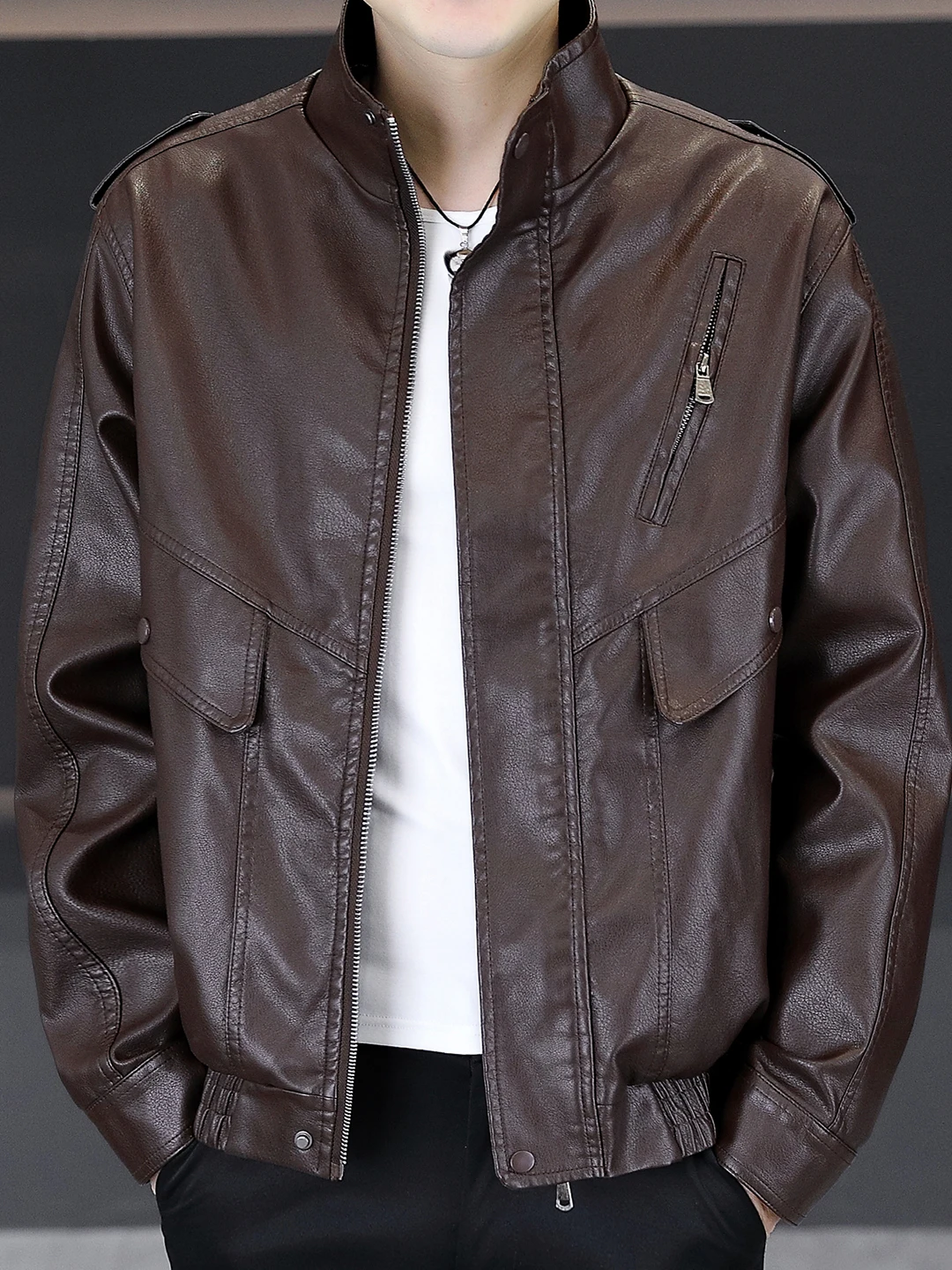 

Мужская кожаная куртка Sli Long Sve с воротником-стойкой, модная, в стиле ретро, от крутого бренда, весенняя, повседневная, на молнии