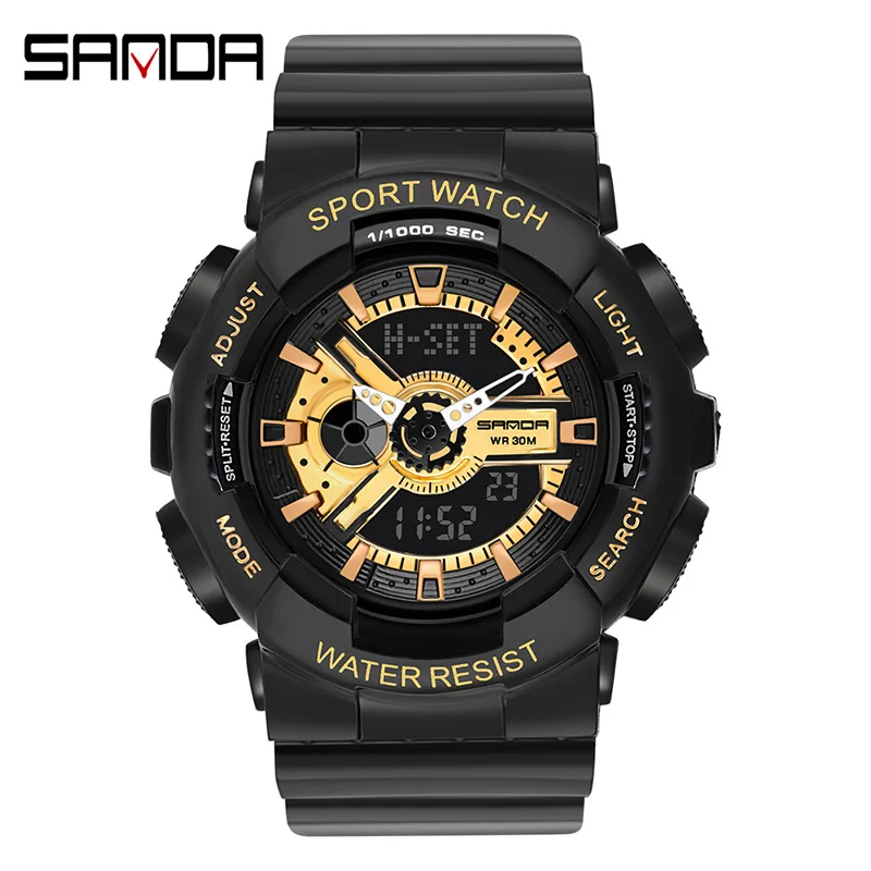 Sanda 292 Top Brand Led Display Outdoor Sport Black Digital Watch Women Alarm Clock 3bar Waterproof Shock Military Watches