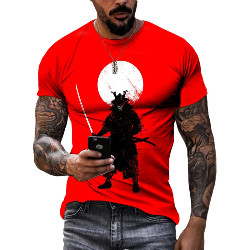 Summer Men's Samurai Pattern Print T-shirt Handsome Street Hip-hop Round Neck Top Casual Fashion