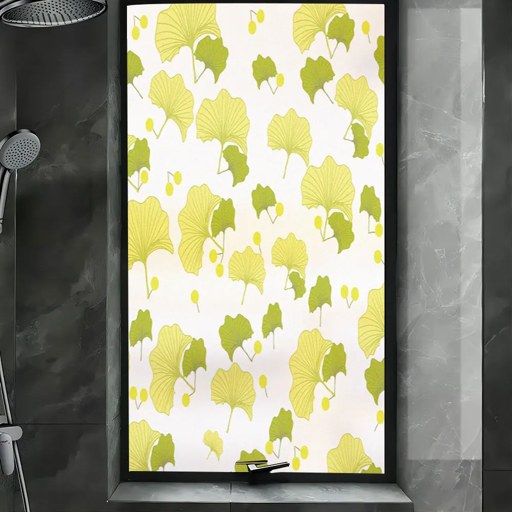 Anti UV Privacy Glass Window Frosted Tint Film Ginkgo Biloba Leaf Pattern Glue-Free Static Cling Glass Door Decorative Sticker