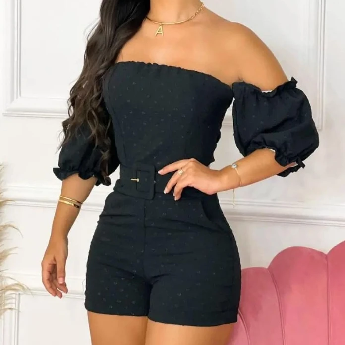 Fashionable 2024 Spring Summer Women's Jumpsuit Mid Waist Lotus Leaf Sleeve Off Shoulder Jumpsuit Shorts - with Belt for Female