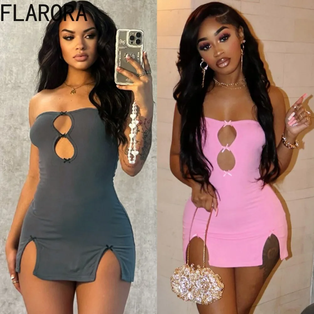 

FLARORA Sexy Sweet Bow Appliques Mini Dresses Woman Solid Strapless Hollow Backless Bodycon Vestidos Y2k Streetwear Solid Dress