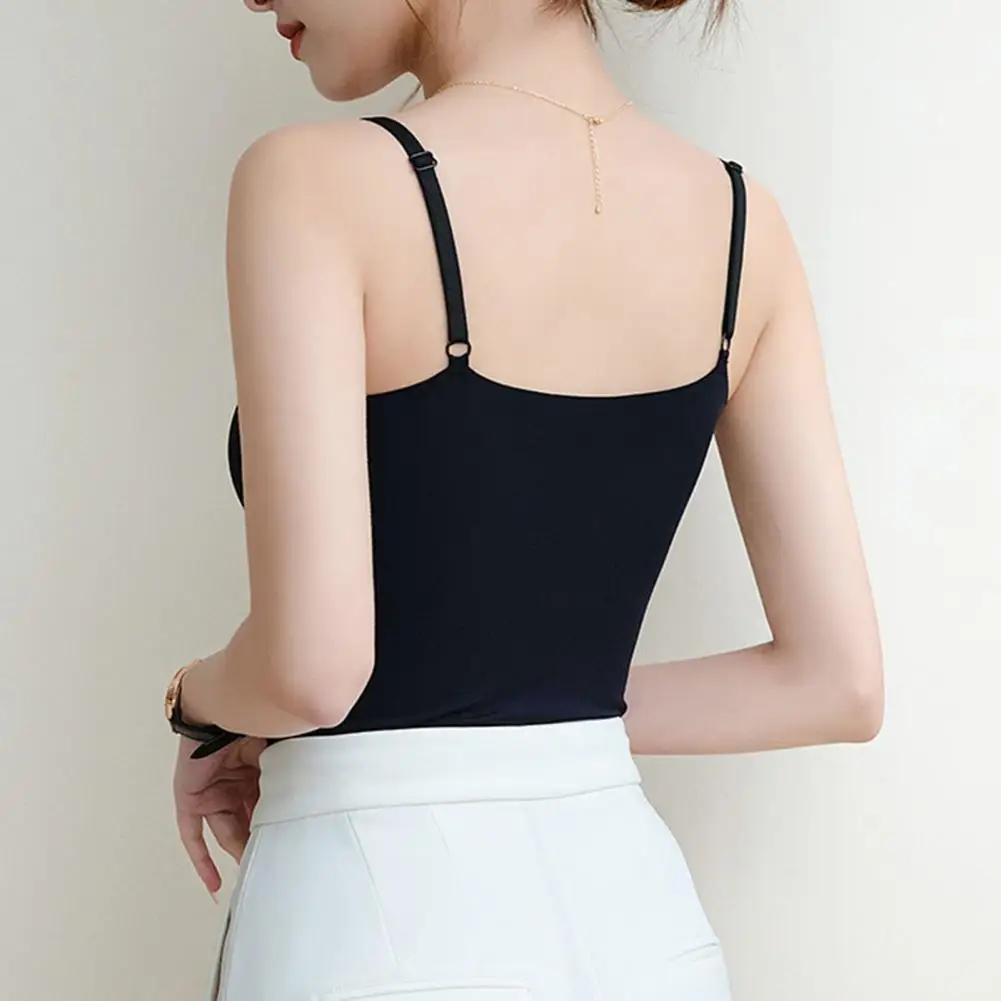 Simplicity Solid Color Summer Fashion Vest Soft Sleeveless Top Thin Shoulder Strap Vest with Chest Pad Ice Silk Tank Vest