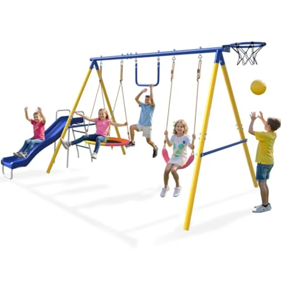

Backyard kids swing set: metal, gray, 5-in-1 with slide, saucer, trapeze, belt swing, basketball hoop, heavy-duty 600lbs capaci