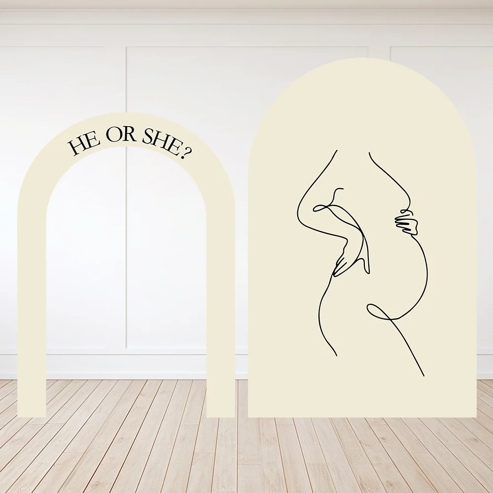 He or She Baby Shower Party Open Arched Backdrop Cover Custom Beige Pregnant Woman Silhouette Arch Wall Banner Gender Reveal