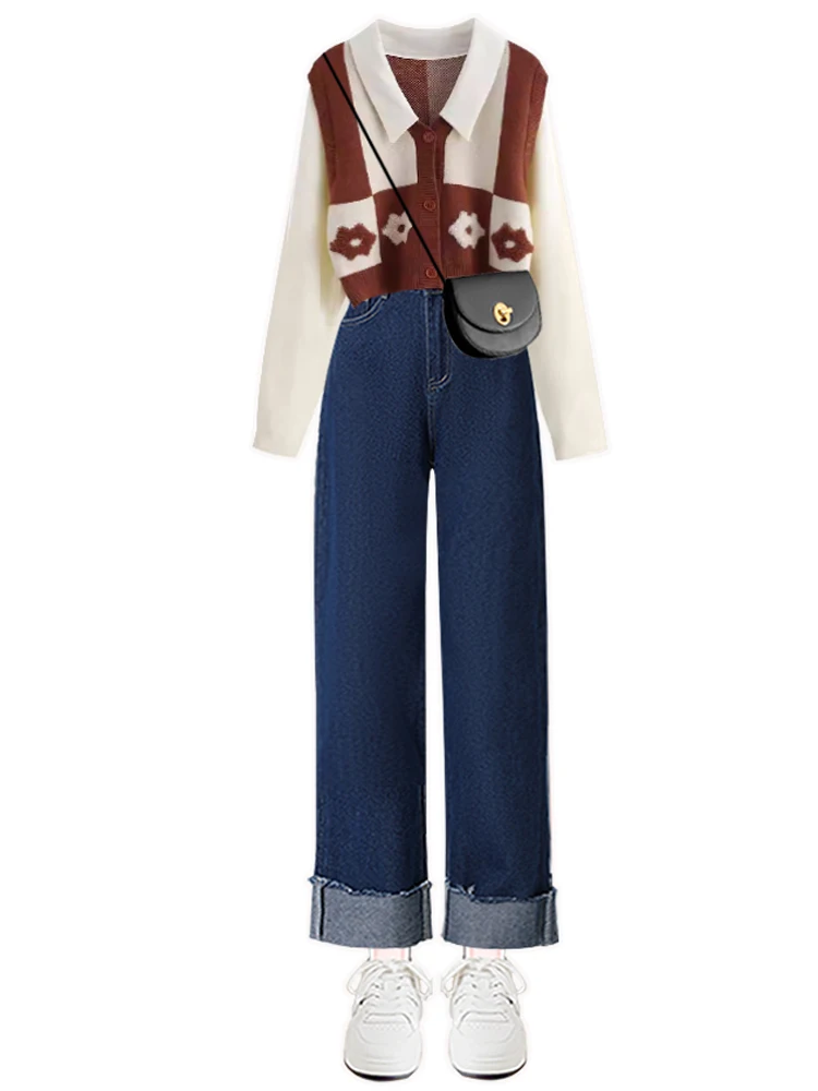 Set Sve Panjang Faionable Sweter Dua Potong Palsu Retro Sle Baru Awal Musim Gugur dengan Jeans Manset Pelangsing Ensemble Wanita