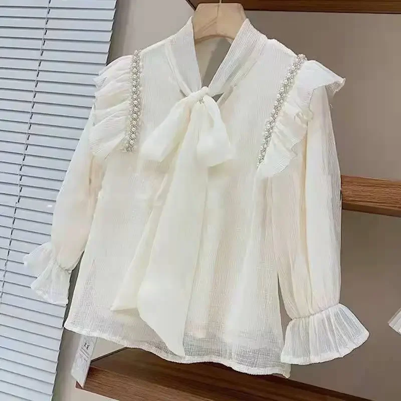 

Popular Shirts French Style Beaded Lace up Ruffle Edge Chiffon Top Fashion Girls' 2025 Spring and Autumn New Style Shirts,
