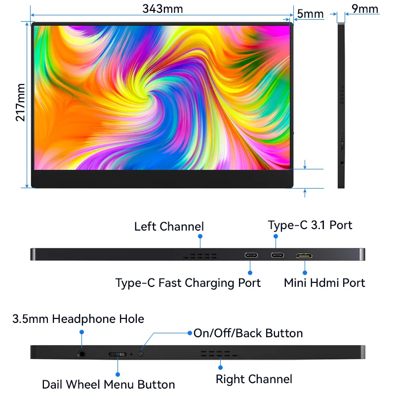 15 inch high-definition portable display, mobile phone with first-line connection to computer, extended secondary screen for gam