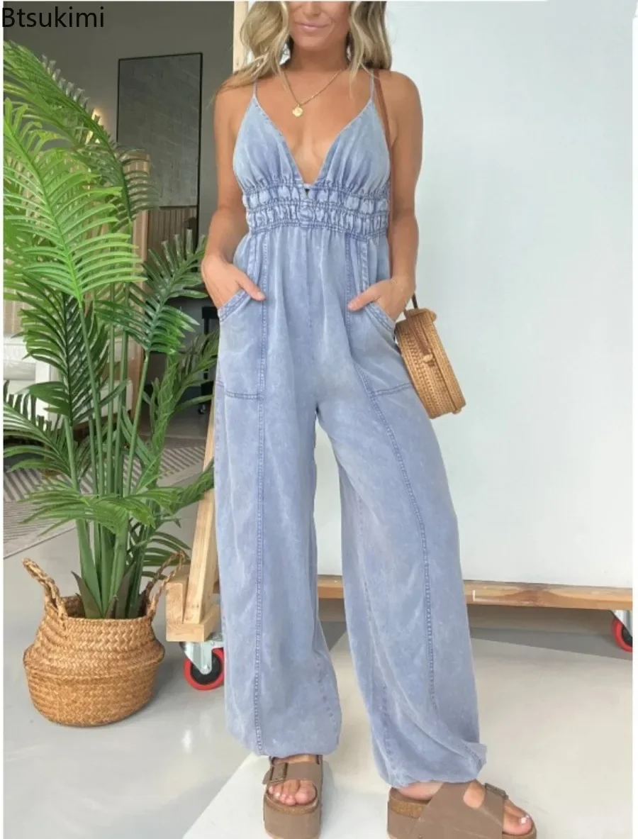 2025Women's Casual Sleeveless One Piece Wide Leg Jumpsuits Overalls V-neck Loose Fashion Spring Autumn Rompers Elegant Jumpsuits