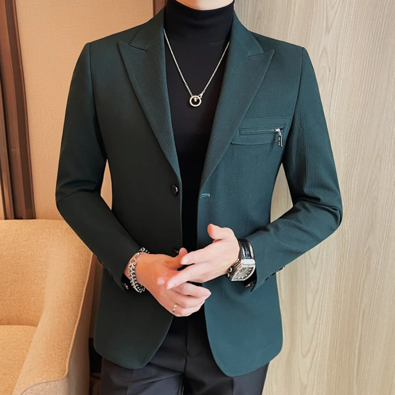 Luxury Business Blazers Men\'s Zipper Design Slim Fit Casual Office Social Suit Blazer Banquet Party Wedding Groom Dress Coat