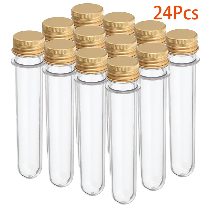 24Pcs 45ml Round Shape Plastic PET Clear Packaging Tubes Metal Aluminium Screw Lids Test Tubes