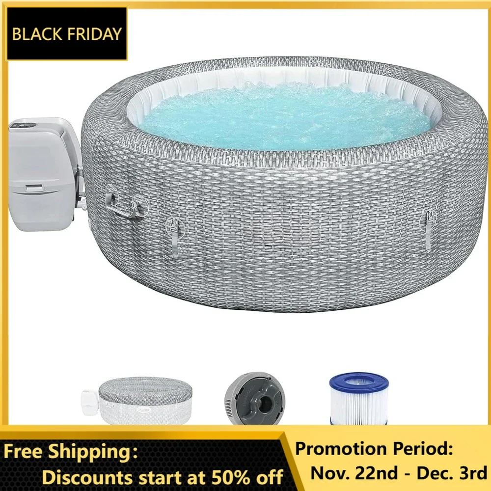 Hot Tub, 2 to 6 Person Inflatable Hot Tub, 77 x 28 Inch Round Portable Outdoor Spa with 140 Soothing Jets and Cover, Gray