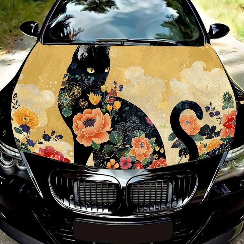 

Elegant Japanese Style Cat Floral Prints Car Hood Vinyl Wraps Sticker, Car Engine Decal, Waterproof Self-adhesive Car Packaging