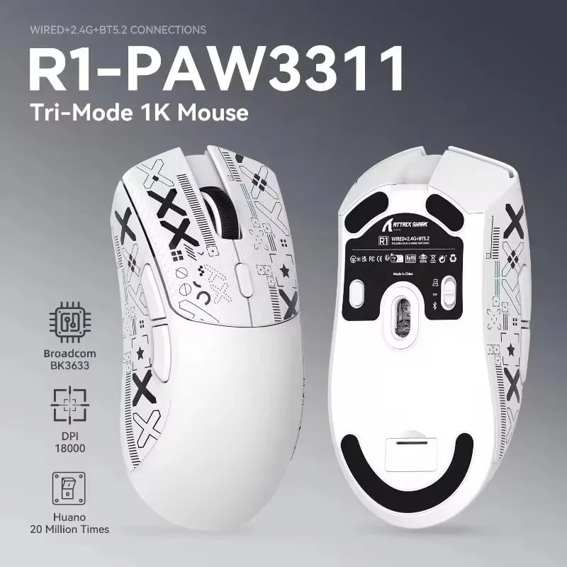 Attack Shark R1 2.4 Wireless Lightweight Gaming Mouse PAW3311 Optical Sensor 18K DPI Macro Defines Computer Mouse Accessories