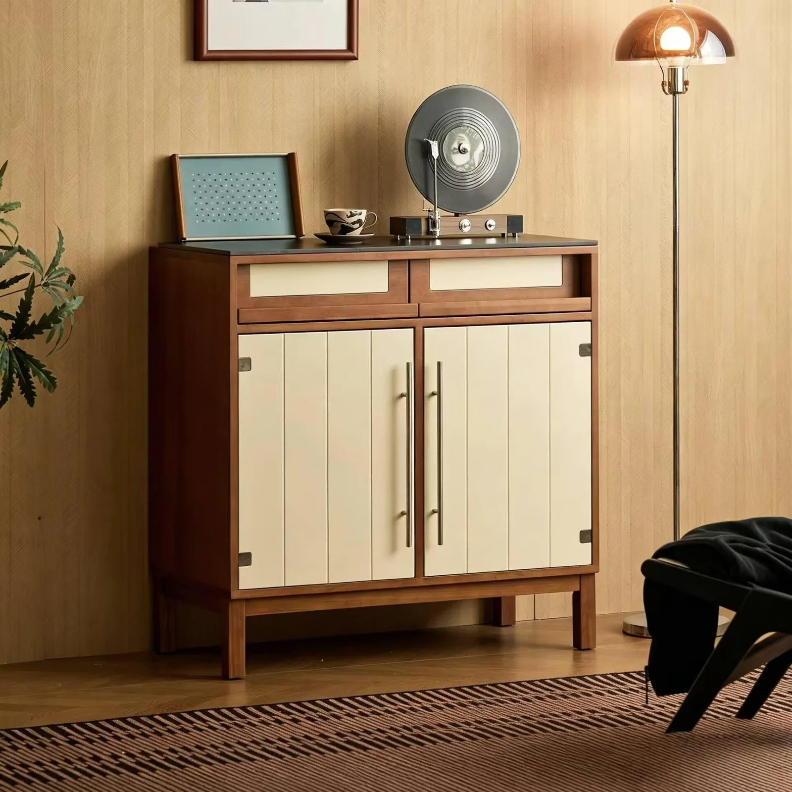 Medieval solid wood dining side cabinet, rock slab living room locker, large capacity