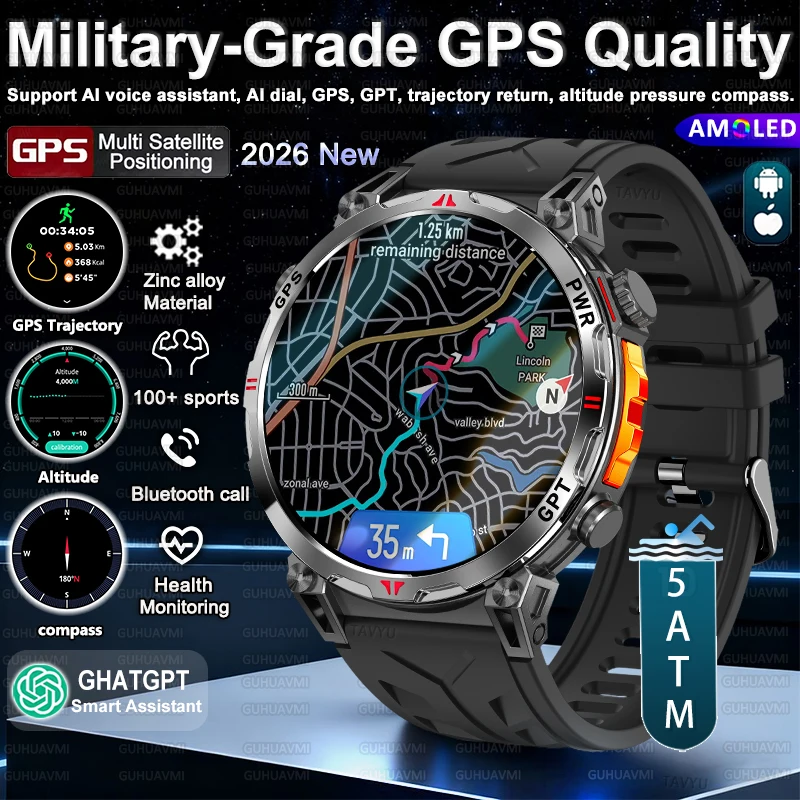 

2026 New Military Grade GPS Smart Watch Built in GPS Compass Altimeter Barometer 5ATM Waterproof 650mAh Sports Call Bracelet Men