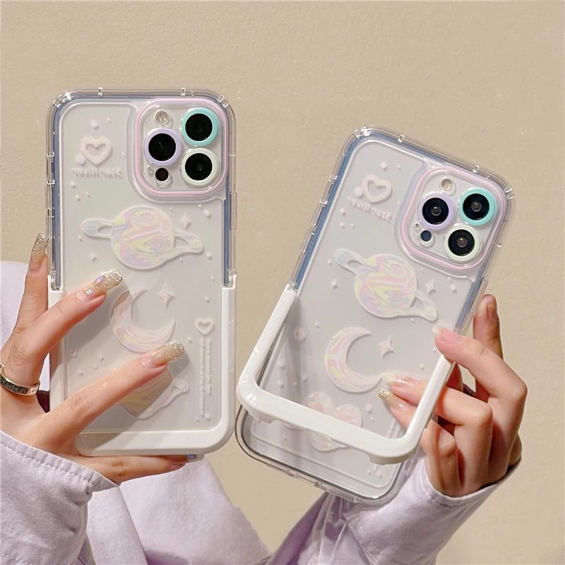 Laser Planet Moon Invisible Stand Holder Case For iPhone 14 Pro Max 16 13 12 15 Plus Soft Silicone Shockproof Phone Back Cover