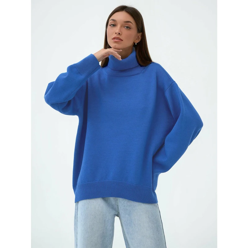 Sweet Light Luxury Knit Sweater Autumn and Winter Women's Classic Solid Color High Neck Loose Warm Elastic Casual Knit Sweater