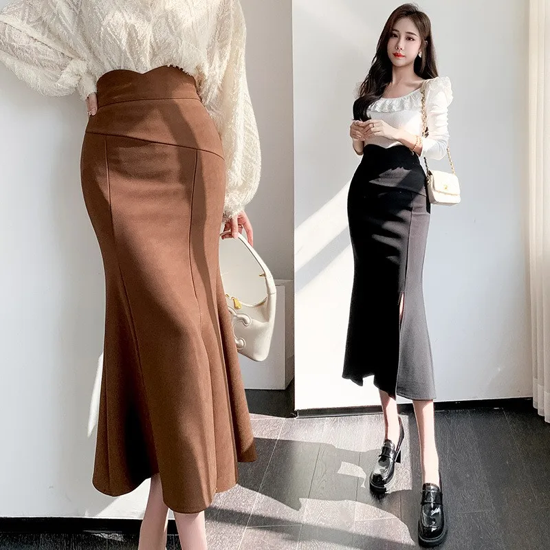 Gonna longuette elastica a vita alta da donna 2025 Nuova estate Faion Slim Fit Fi Tail Gonna a trapezio Busin Casual Fibra di poliestere