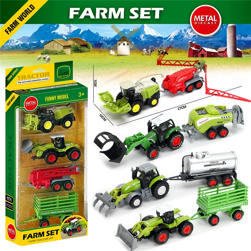 

Большой фермерский автомобиль из сплава, модель комбайна, набор из 4 предметов, тракторная ферма, детская игрушка-головоломка, коллекция с высокими деталями, подарок