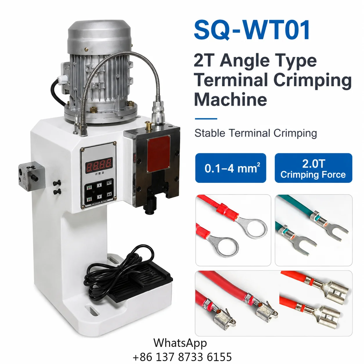 SQ-WT01 2T Tilt-Head Terminal Crimping Machine 0.1-4 Sq Mm 1 Sec/Stroke For Wire Harness Cable Assembly
