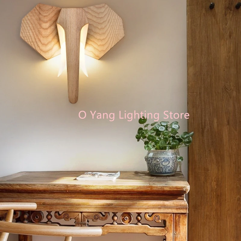 Wooden Animal Head LED Wall Light for Living Room Bedroom Dining Room Kitchen  Elephant Lighting Fixture Home Decor Warm Light