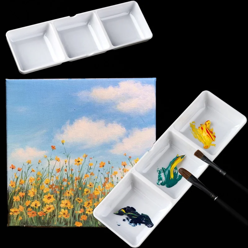 3 Well Imitation Porcelain Palette Plastic Rectangle Thickened Easy To Clean for Acrylic Gouache Watercolor Color Mixing
