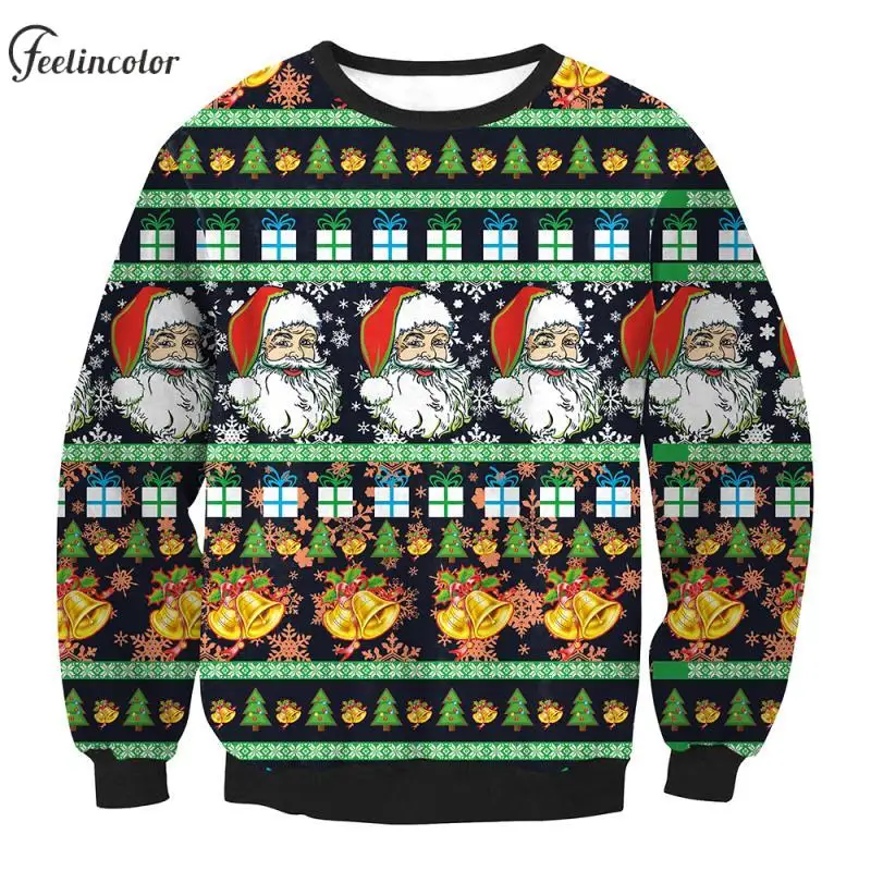 Santa Claus Ugly Christmas Graphic Sweatshirt for Women Xmas Bell Print Pullover Black Casual Oversized Hoodies Couple Clothes