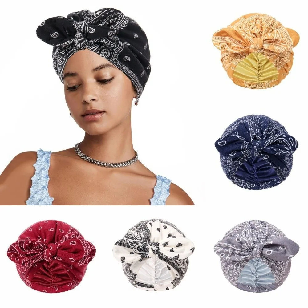 Satin Lined Bandana Turban Hat Paisley Print Multi-Color Hair Cover Bonnet 1PC Rabbit Ear Bow Knot Pre-Tied Head Wrap