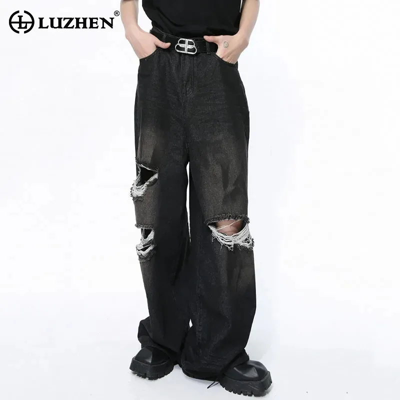 

LUZHEN Male Ripped Men's Jeans High Street Gradient Color Denim Straight Vintage Baggy Wide Leg Trousers New Chic 2024 LZ5667