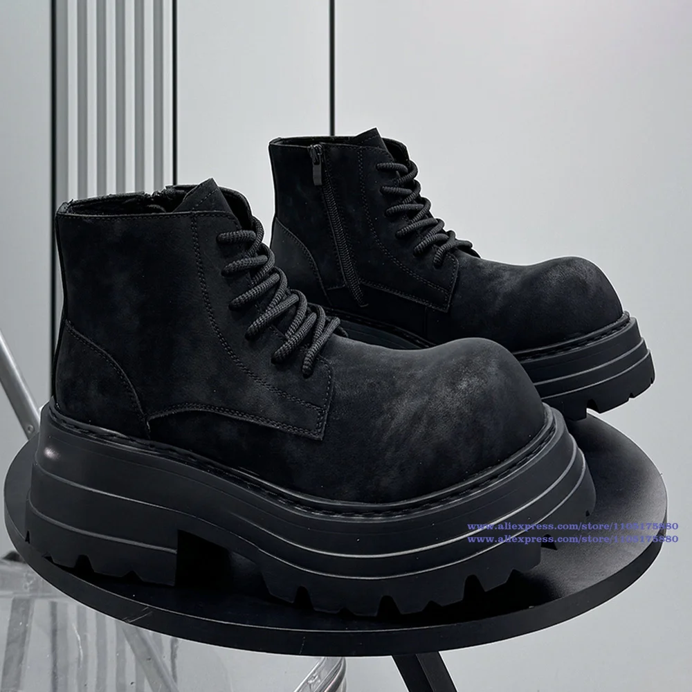 Thick-Soled Ankle Boots Black Leather Side Zipper Men's Shoes Round Toe Men's Boots Height Increasing High Top Men's Boots