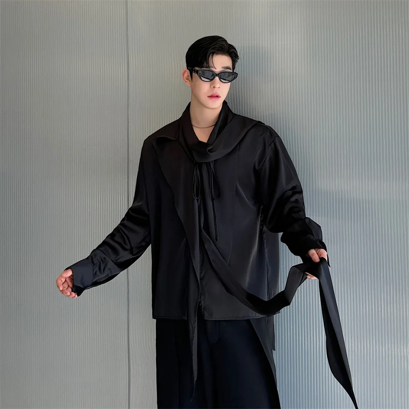 

Early Autumn Men's Silk Satin Long Sleeve Shirt Irregular Design Smooth Sensation Waistcoat Fashionable Handsome Casual Shirt