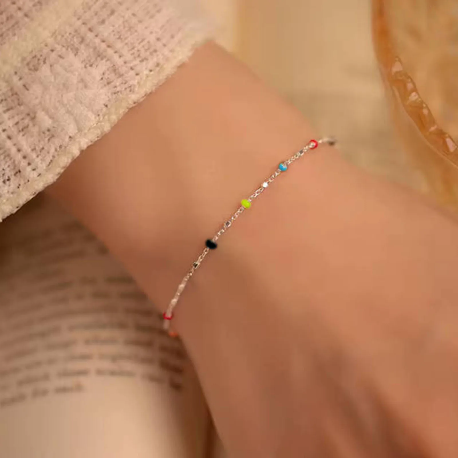 S925 Silver Dopaamine Colored Bean Bracelet Women's Popular INS Summer Niche Thin Fashion Jewelry Trendy Accessory
